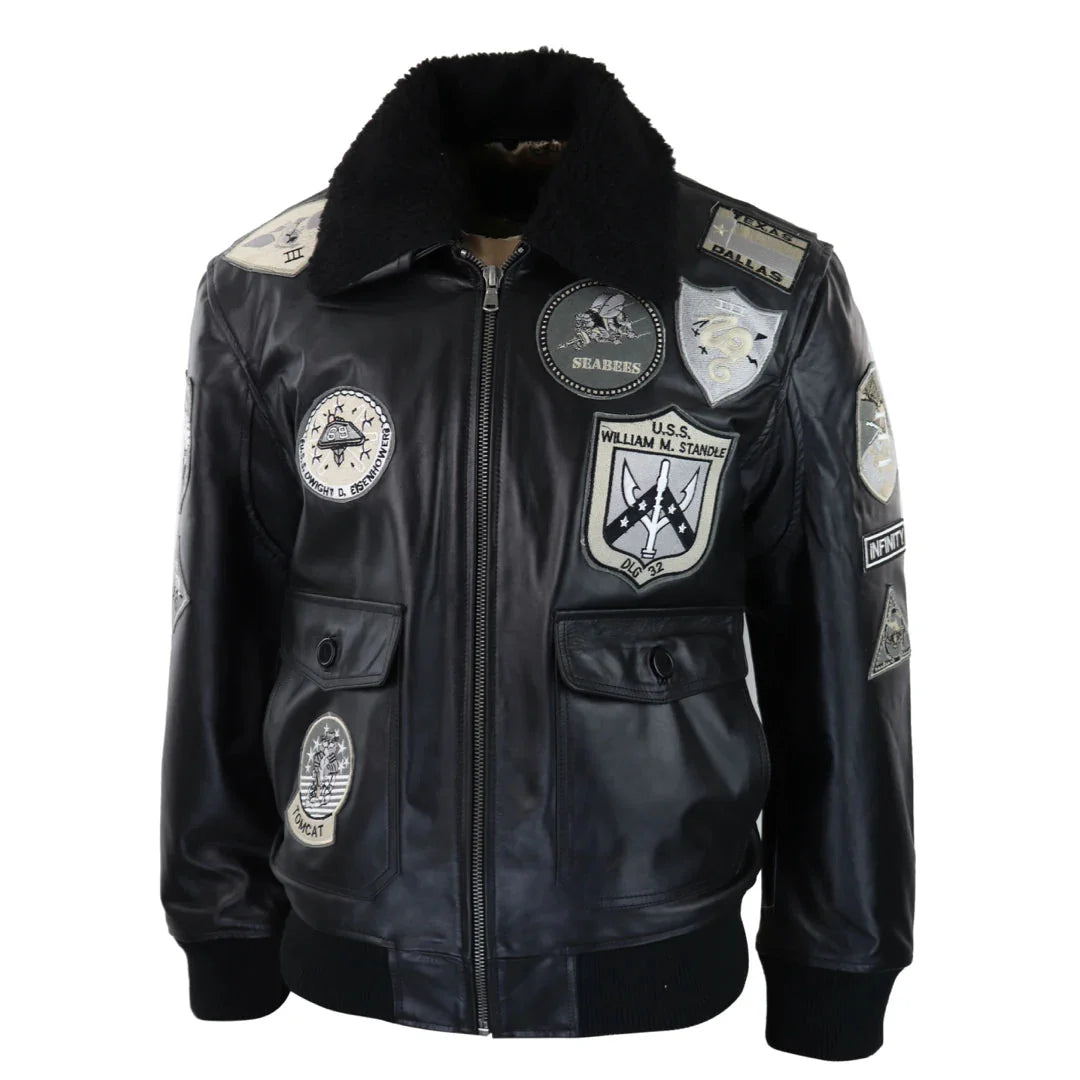 Ανδρικό μπουφάν Topgun Maverick, μαύρο, γκρι, με στάμπα Pilot Bomber US Badges, μαύρη γούνα Tom Cat