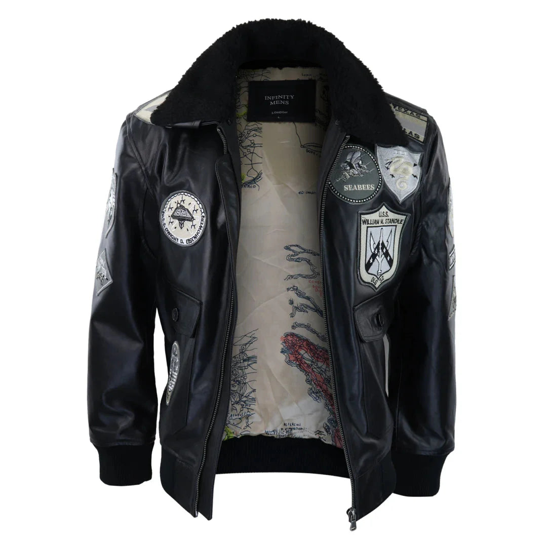 Ανδρικό μπουφάν Topgun Maverick, μαύρο, γκρι, με στάμπα Pilot Bomber US Badges, μαύρη γούνα Tom Cat