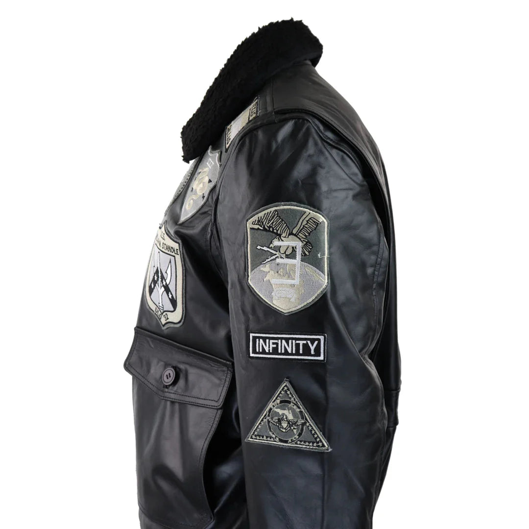 Ανδρικό μπουφάν Topgun Maverick, μαύρο, γκρι, με στάμπα Pilot Bomber US Badges, μαύρη γούνα Tom Cat