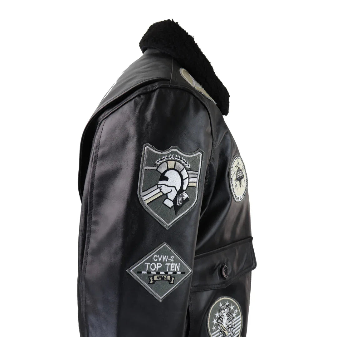 Ανδρικό μπουφάν Topgun Maverick, μαύρο, γκρι, με στάμπα Pilot Bomber US Badges, μαύρη γούνα Tom Cat