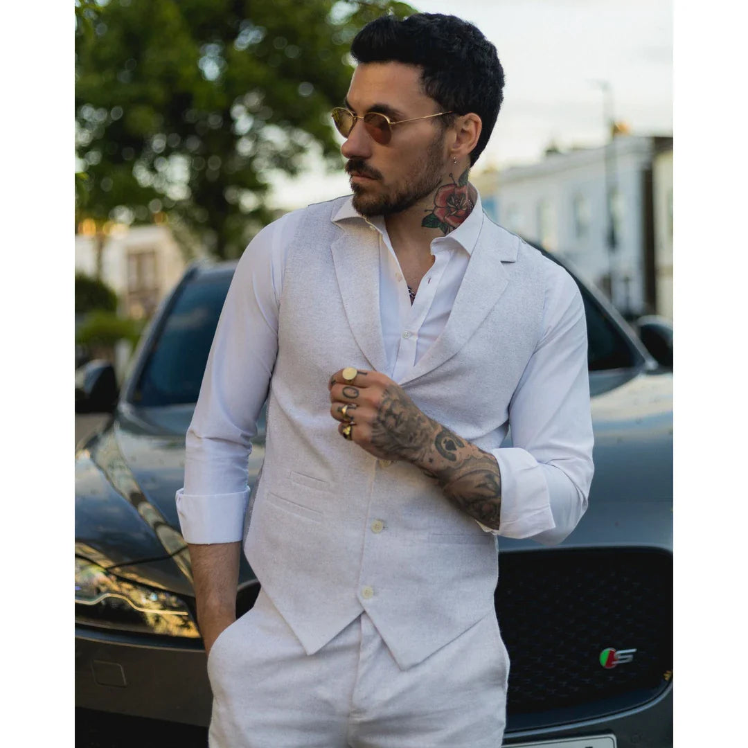 TP-11 - Ανδρικό καλοκαιρινό κοστούμι Γιλέκο Παντελόνι Λινό Επίσημο Ανοιχτό γκρι Γάμου