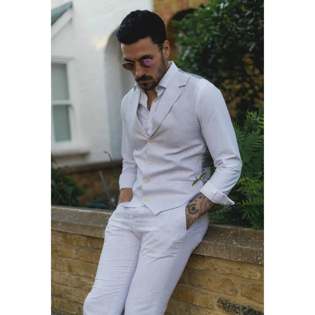 TP-11 - Ανδρικό καλοκαιρινό κοστούμι Γιλέκο Παντελόνι Λινό Επίσημο Ανοιχτό γκρι Γάμου