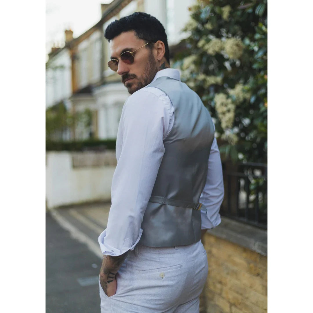 TP-11 - Ανδρικό καλοκαιρινό κοστούμι Γιλέκο Παντελόνι Λινό Επίσημο Ανοιχτό γκρι Γάμου