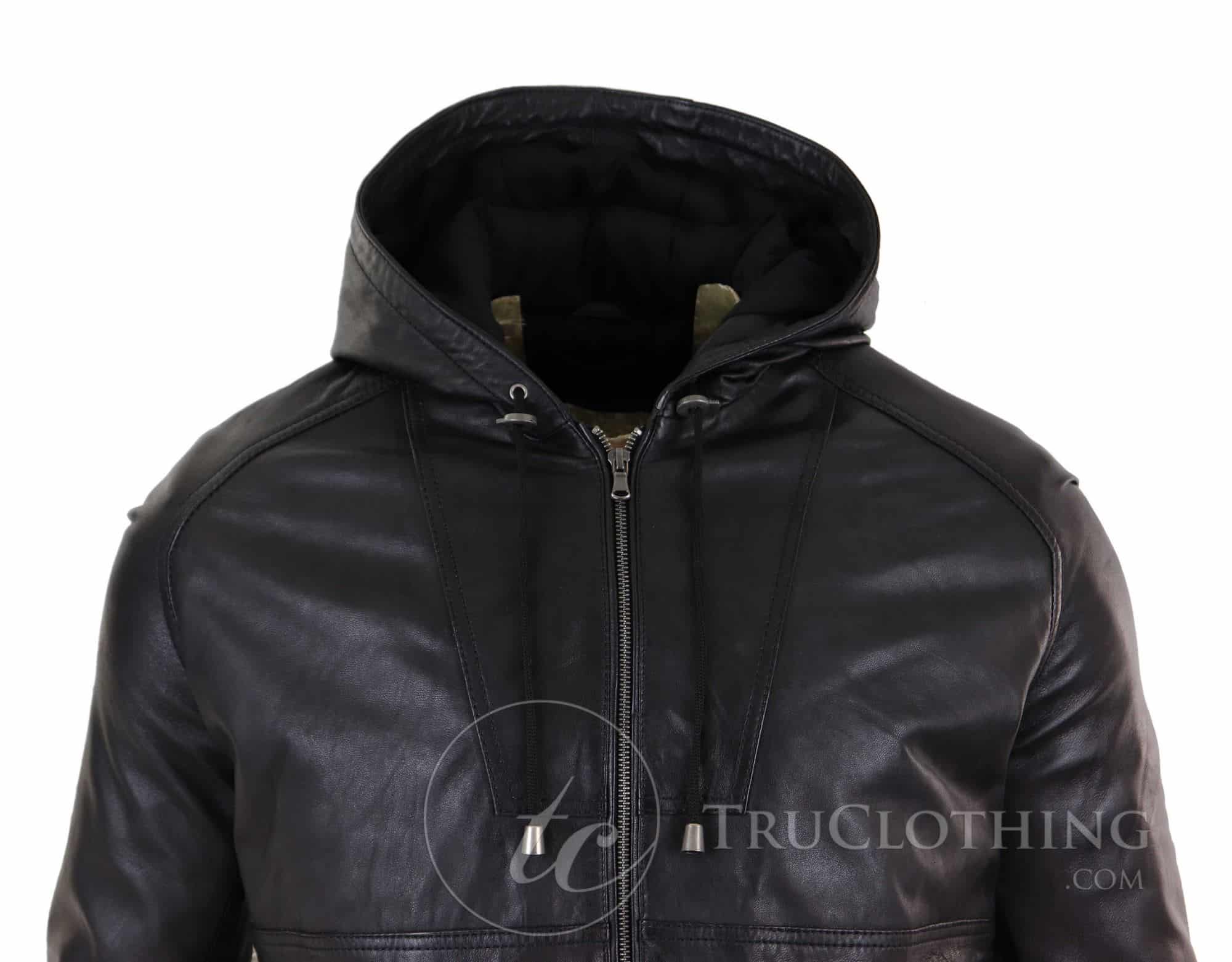 Ανδρικό Δερμάτινο Μπουφάν Bomber με Κουκούλα - Μαύρο