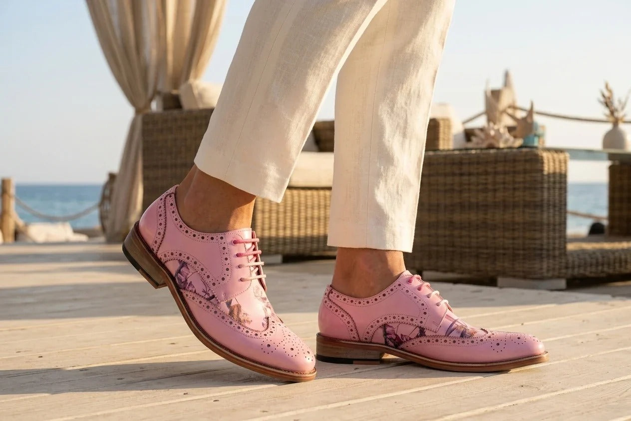 Wolf - Ανδρικά Ροζ Φλοράλ Brogues Παπούτσια Φόρμας με Φτερά