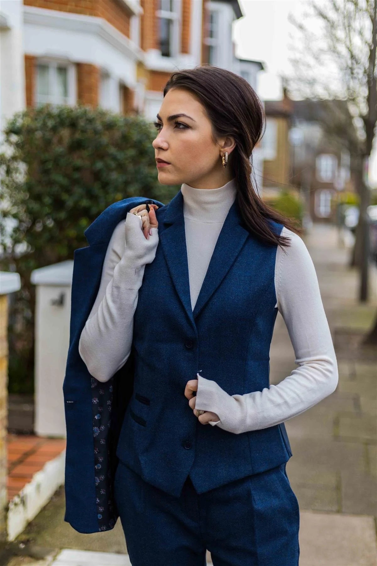 Γυναικείο γιλέκο ψαροκόκαλο από τουίντ, μπλε, vintage, κλασικό Gatsby Blinders, δεκαετίας του 1920