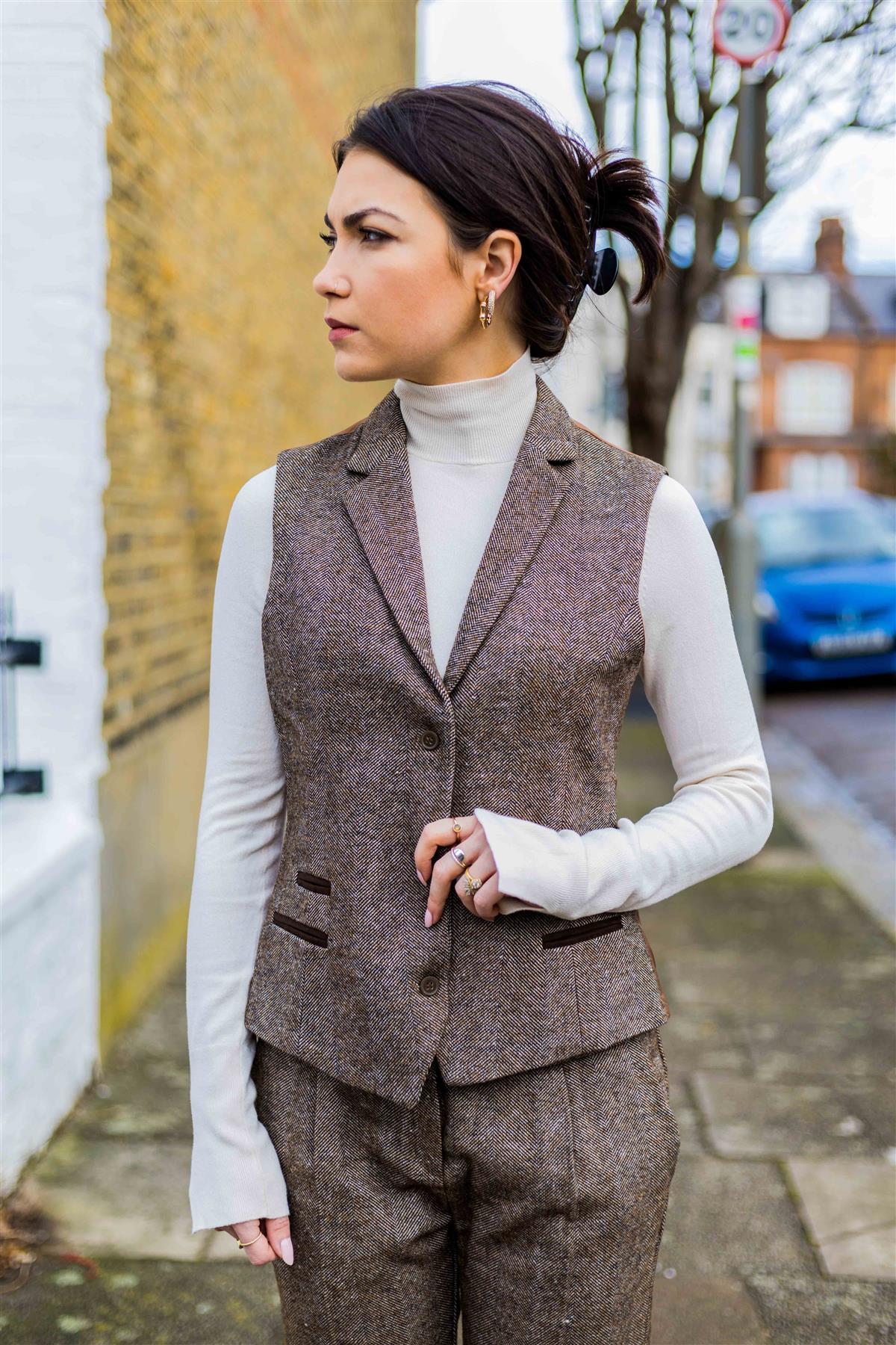 Γυναικείο Γιλέκο Vintage Blinders της δεκαετίας του 1920, σε γραμμή ψαροκόκαλο, καφέ, με προσαρμοσμένη γραμμή